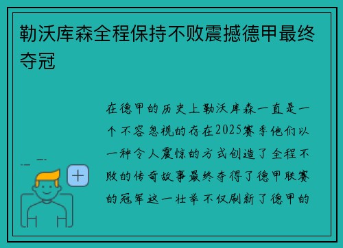勒沃库森全程保持不败震撼德甲最终夺冠 勒沃库森全程保持不败震撼德甲最终夺冠